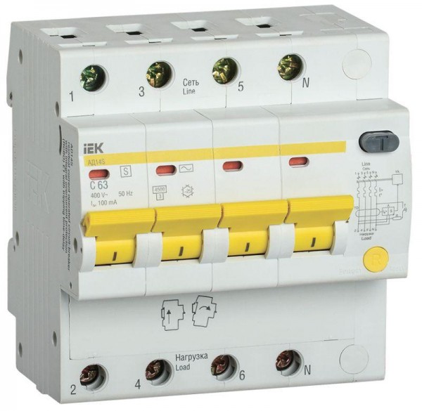  Выключатель автоматический дифференциального тока селективный 4п 63А 100мА тип AC АД14S IEK MAD13-4-063-C-100 