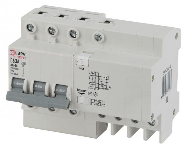  Выключатель автоматический дифференциального тока 3P+N 16А 30мА тип АС SIMPLE-mod-36 х-ка ЭРА Б0039294 