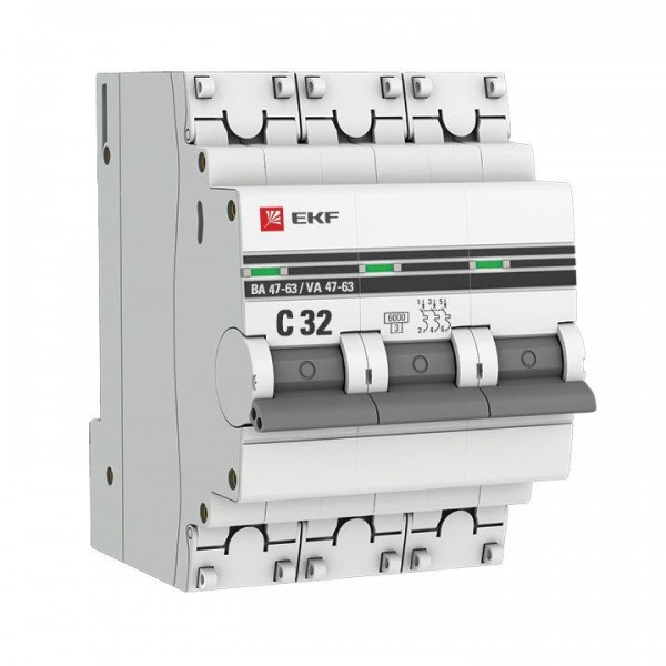  Выключатель автоматический модульный 3п C 32А 6кА ВА 47-63 PROxima EKF mcb4763-6-3-32C-pro 