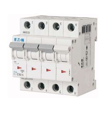  Выключатель автоматический модульный 4п (3P+N) D 16А 10кА PL7-D16/3N EATON 264005 