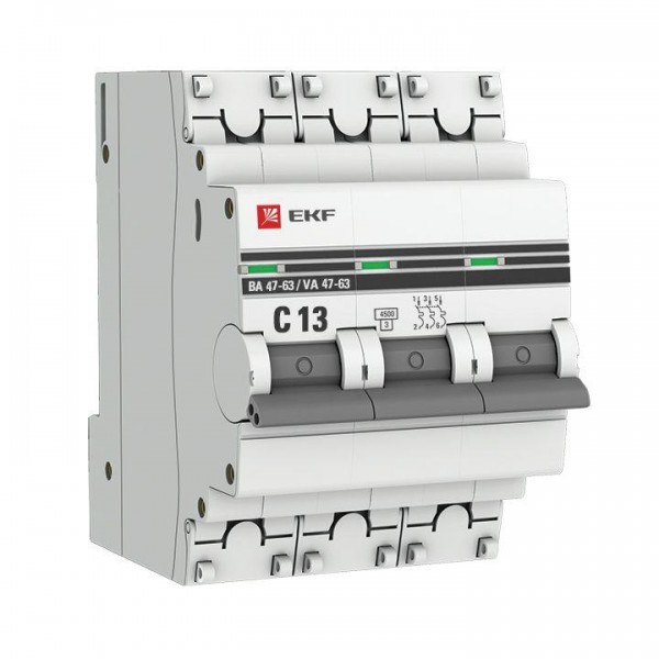  Выключатель автоматический модульный 3п C 13А 4.5кА ВА 47-63 PROxima EKF mcb4763-3-13C-pro 