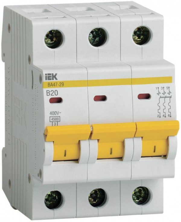  Выключатель автоматический модульный 3п B 20А 4.5кА ВА47-29 IEK MVA20-3-020-B 