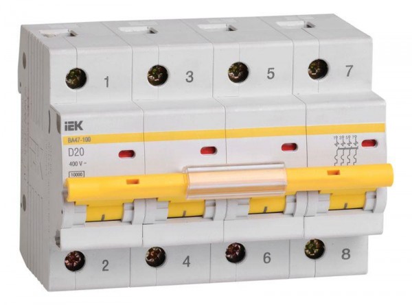  Выключатель автоматический модульный 4п D 20А 10кА ВА47-100 IEK MVA40-4-020-D 