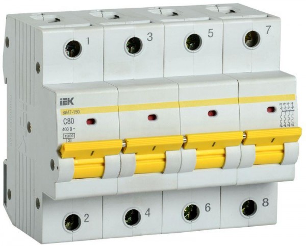  Выключатель автоматический модульный 4п C 80А 15кА ВА47-150 IEK MVA50-4-080-C 