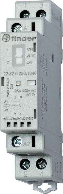  Контактор модульный 1NO + 1NC 25А AgNi 230В AC/DC 17.5мм IP20 опции: переключатель Авто-Вкл-Выкл + мех. индикатор + LED FINDER 223202301540 