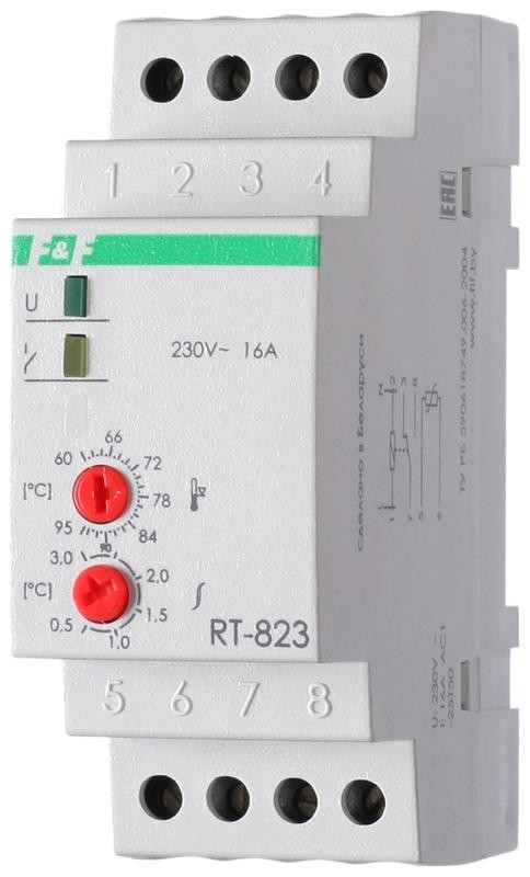  Регулятор температуры RT-823 (от +60 до +95 град.C; выносной датчик с термоус. проводом; монтаж на DIN-рейке 35мм 50-260В 16А 1P IP20) F&F EA07.001.006 