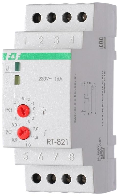  Регулятор температуры RT-821 (от -4 до +5 град.C; с выносным датчиком в комплекте; 2 модуля; монтаж на DIN-рейке; 50-264В AC 16А 1NO/NC IP20) F&F EA07.001.003 