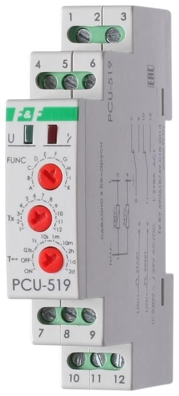  Реле времени PCU-519 (многофункц. с вход. START/RESET 230В AC-24В AC/DC 2х8А 2P IP20 монтаж на DIN-рейке) F&F EA02.001.023 