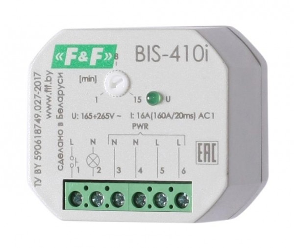  Реле импульсное BIS-410i (установка в монтажную коробку d60мм; с встроенным таймером; для нагрузки с больш. пусков. током (160А/20мс)) F&F EA01.005.016 