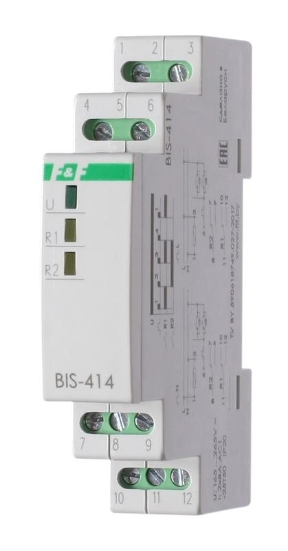  Реле импульсное BIS-414 (управление двумя нагрузками; монтаж на DIN-рейке 230В 2х8А 2х1Z IP20) F&F EA01.005.005 