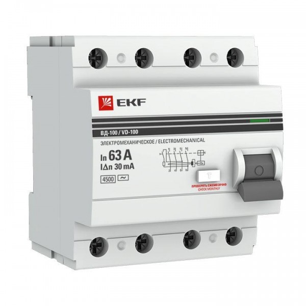  Выключатель дифференциального тока (УЗО) 4п 63А 30мА тип AC ВД-100 (электромех.) PROxima EKF elcb-4-63-30-em-pro 
