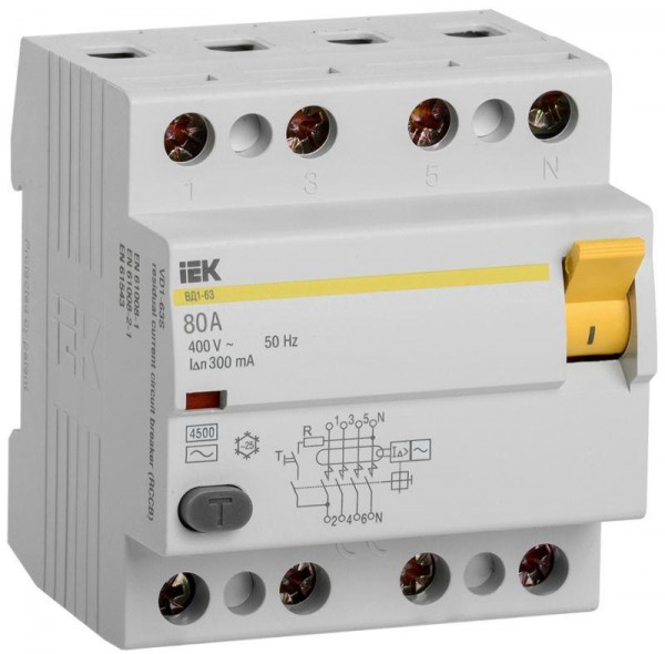  Выключатель дифференциального тока (УЗО) 4п 80А 300мА тип AC ВД1-63 ИЭК MDV10-4-080-300 