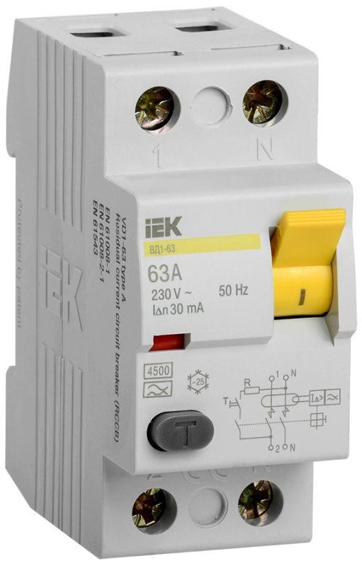  Выключатель дифференциального тока (УЗО) 2п 63А 30мА тип AC ВД1-63 ИЭК MDV10-2-063-030 
