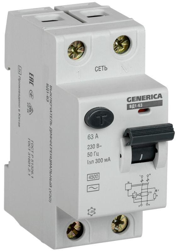  Выключатель дифференциального тока (УЗО) 2п 63А 300мА тип AC ВД1-63 GENERICA ИЭК MDV15-2-063-300 