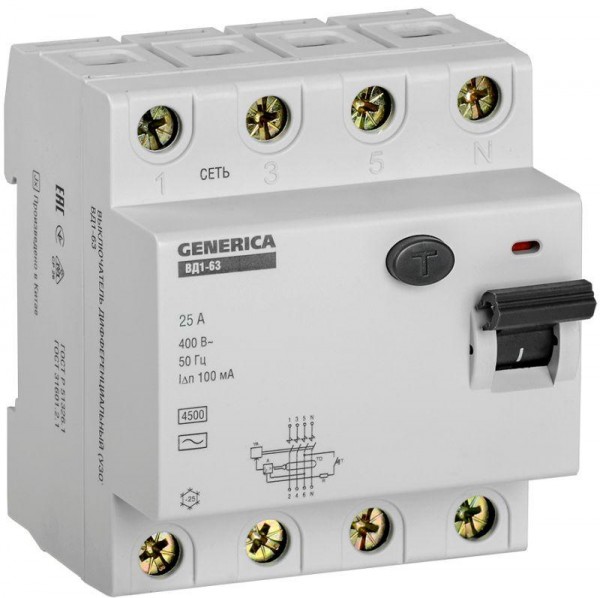  Выключатель дифференциального тока (УЗО) 4п 25А 100мА тип AC ВД1-63 GENERICA ИЭК MDV15-4-025-100 