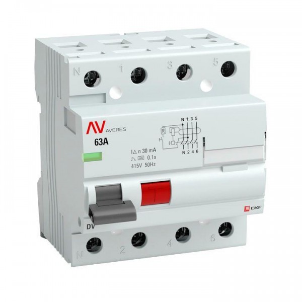  Выключатель дифференциального тока (УЗО) 4п 63А 100мА тип A DV AVERES EKF rccb-4-63-100-a-av 