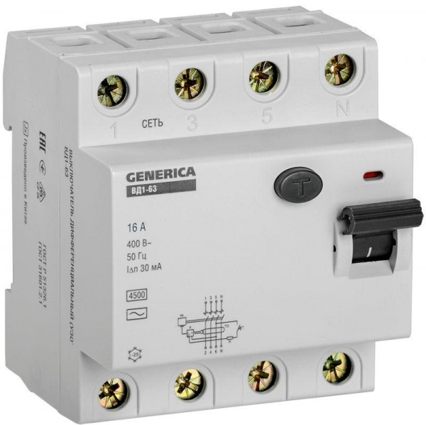  Выключатель дифференциального тока (УЗО) 4п 16А 30мА тип AC ВД1-63 GENERICA ИЭК MDV15-4-016-030 
