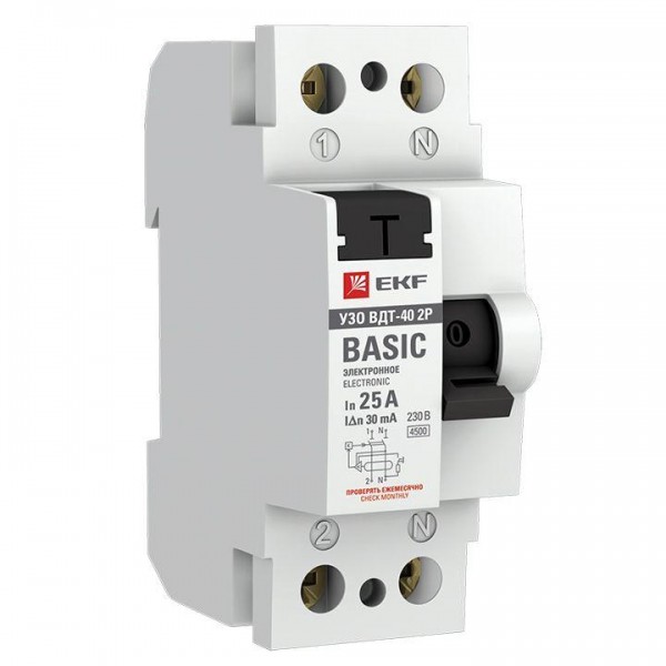  Выключатель дифференциального тока (УЗО) 2п 25А 30мА тип AC Basic (электрон.) EKF elcb-2-25-30e-sim 