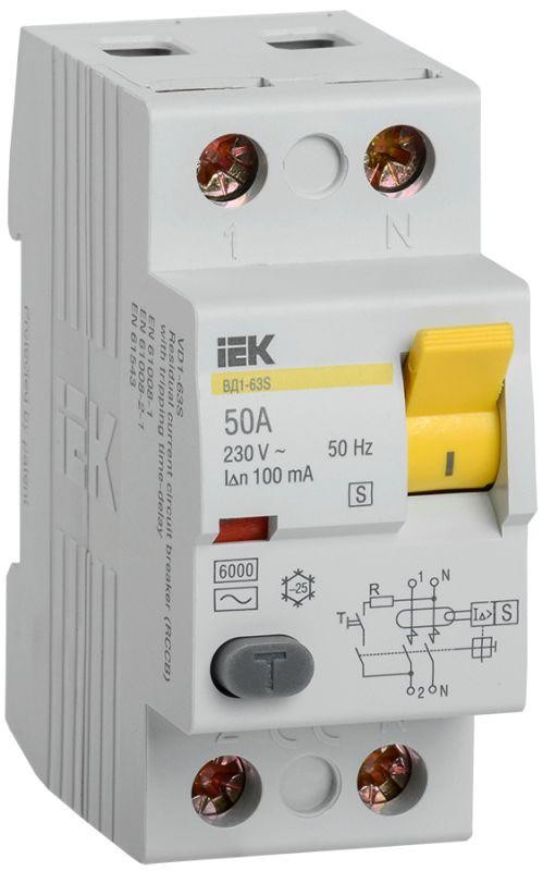  Выключатель дифференциального тока (УЗО) 2п 50А 100мА тип ACS ВД1-63S ИЭК MDV12-2-050-100 