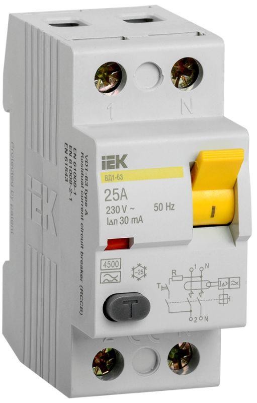  Выключатель дифференциального тока (УЗО) 2п 25А 30мА тип A ВД1-63 ИЭК MDV11-2-025-030 