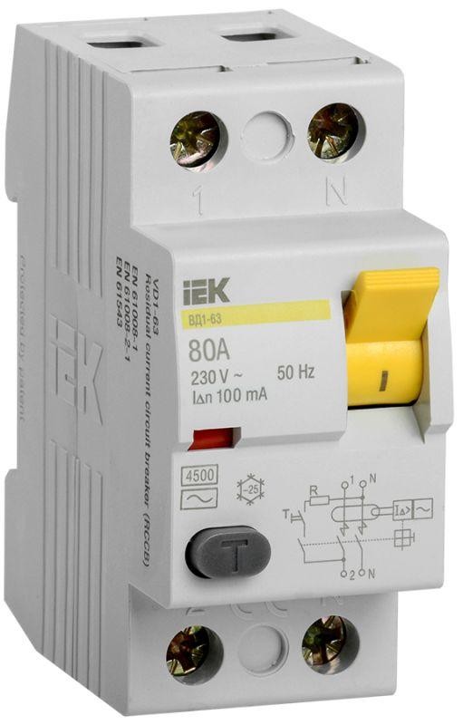  Выключатель дифференциального тока (УЗО) 2п 80А 100мА тип AC ВД1-63 ИЭК MDV10-2-080-100 