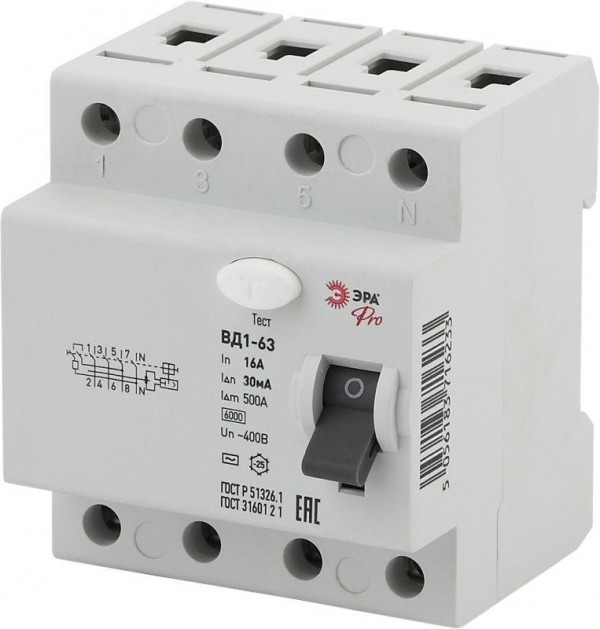  Выключатель дифференциального тока (УЗО) 3P+N 16А 30мА ВД1-63 Pro NO-902-43 ЭРА Б0031887 
