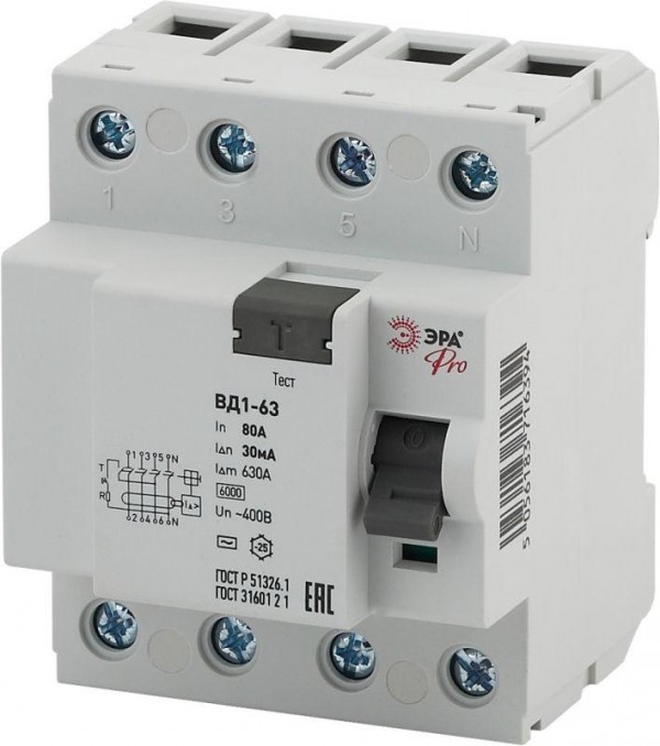  Выключатель дифференциального тока (УЗО) 3P+N 80А 30мА ВД1-63 Pro NO-902-64 ЭРА Б0031903 