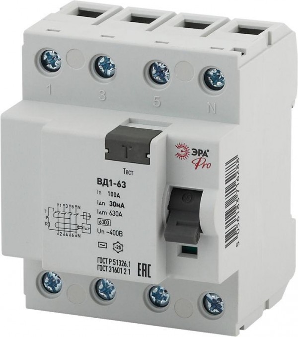  Выключатель дифференциального тока (УЗО) 3P+N 100А 30мА ВД1-63 Pro NO-902-53 ЭРА Б0031892 