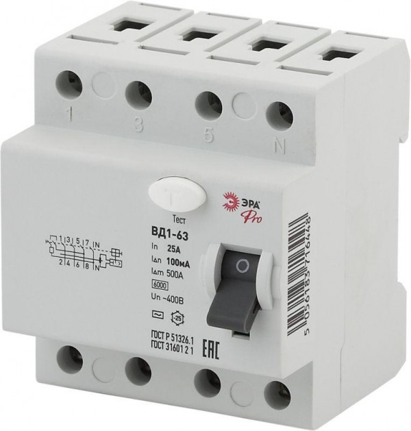  Выключатель дифференциального тока (УЗО) 3P+N 25А 100мА ВД1-63 Pro NO-902-69 ЭРА Б0031908 