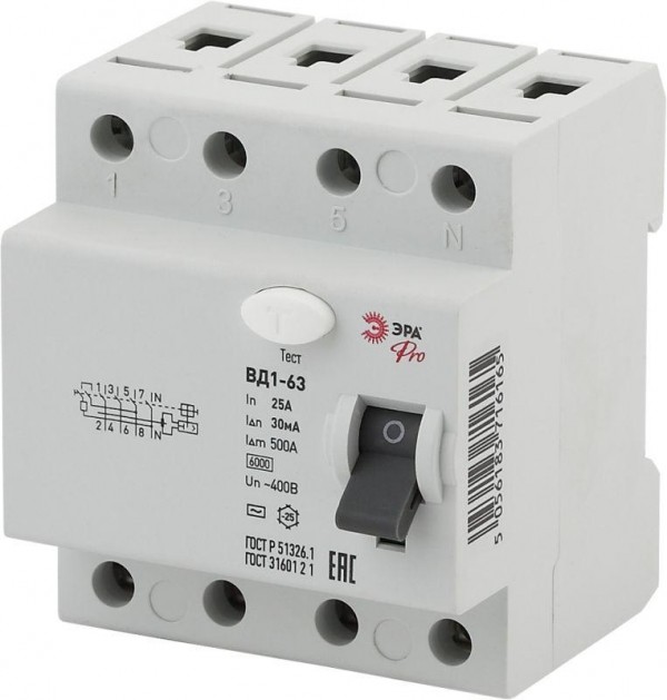 Выключатель дифференциального тока (УЗО) 3P+N 25А 30мА ВД1-63 Pro NO-902-34 ЭРА Б0031880 