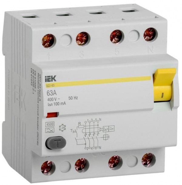  Выключатель дифференциального тока (УЗО) 4п 63А 100мА тип A ВД1-63 IEK MDV11-4-063-100 