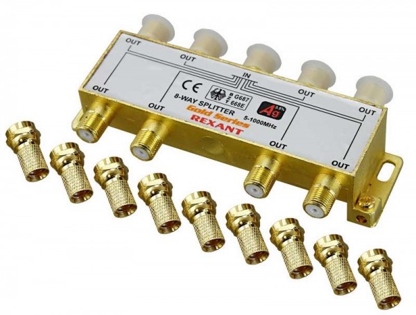  Делитель ТВх8 + 9шт F 5-1000 МГц (GOLD) box Rexant 05-6105-1 