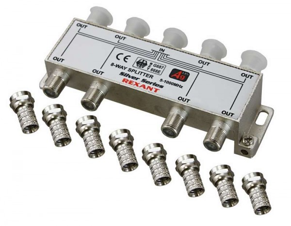  Делитель ТВх8 + 9шт F 5-1000 МГц (Silver) box Rexant 05-6105 