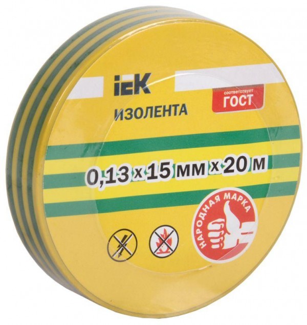 Изолента ПВХ 0.13х15мм (рул.20м) для DIY желт./зел. ИЭК UIZ-13-15-20MS-K52 