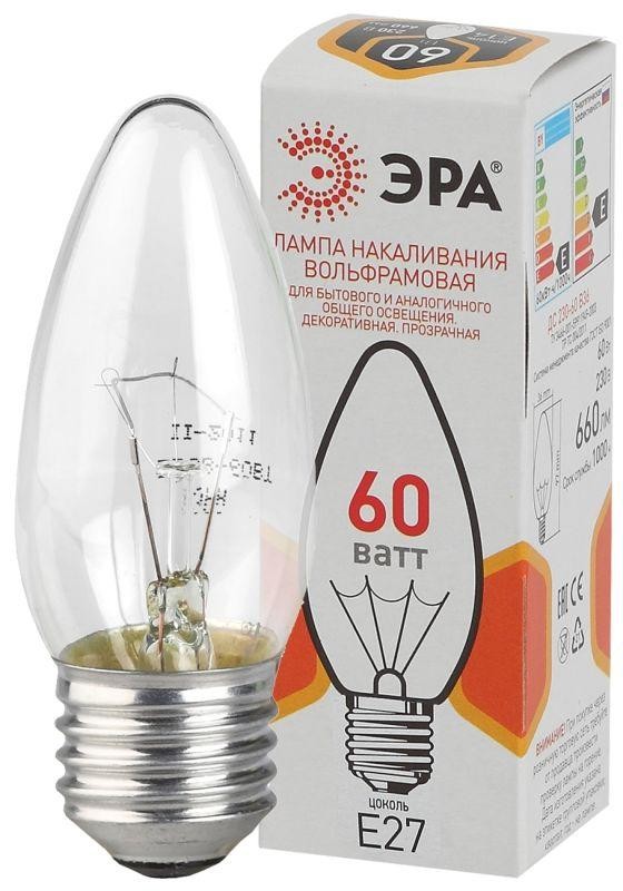  Лампа накаливания ДС 60-230-E27-CL 60Вт свеча (B36) 230В E27 ЭРА Б0039130 