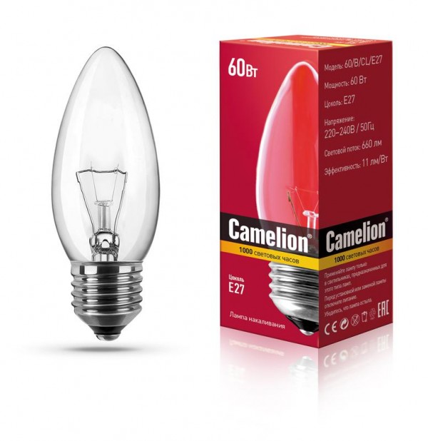  Лампа электрич. накаливания 60/B/CL/E27 с прозрач. колбой свеча ДС 230-60-3 Camelion 13480 