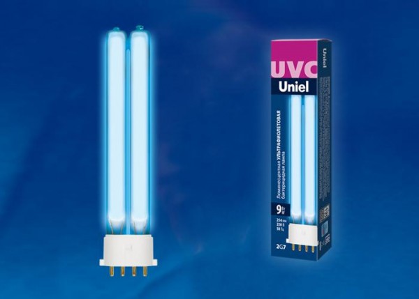  Лампа люминесцентная ультрафиолетовая бактерицидная ESL-PL-9/UVCB/2G7/CL спектр UVC 254нм картон Uniel UL-00004683 
