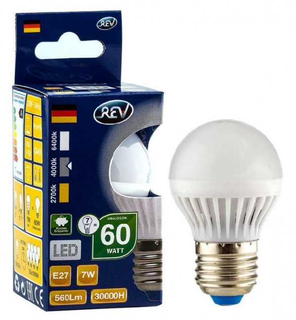  Лампа светодиодная G45 7Вт шар 4000К бел. E27 600лм 180-240В REV 32343 3 