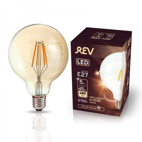  Лампа светодиодная G95 E27 5Вт 480лм 2700К PREMIUM (FILAMENT) филамент теплый свет шар REV 32433 1 