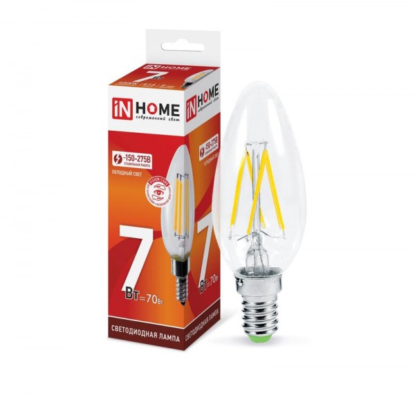  Лампа светодиодная LED-СВЕЧА-deco 7Вт 230В Е14 6500К 630Лм прозр. IN HOME 4690612029665 