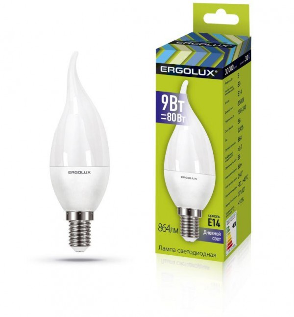  Лампа светодиодная LED-CA35-9W-E14-6K "Свеча на ветру" 9Вт E14 6500К 180-240В Ergolux 14233 