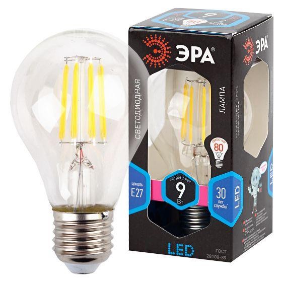  Лампа светодиодная F-LED A60-9W-840-E27 ЭРА (филамент груша 9Вт нейтр. Е27) (10/100/1500) Эра Б0043434 