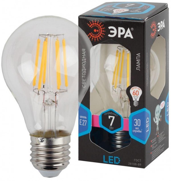  Лампа светодиодная F-LED A60-7W-840-E27 ЭРА (филамент груша 7Вт нейтр. Е27) (10/100/1500) Эра Б0043447 