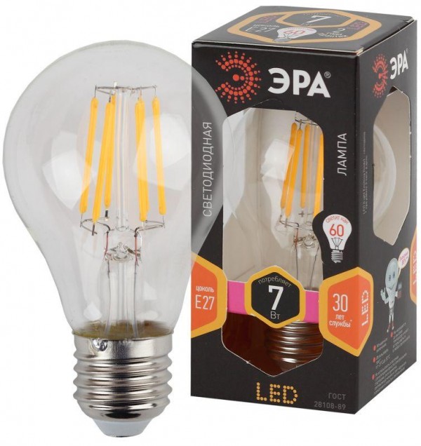  Лампа светодиодная F-LED A60-7W-827-E27 ЭРА (филамент груша 7Вт тепл. Е27) (10/100/1500) Эра Б0043432 