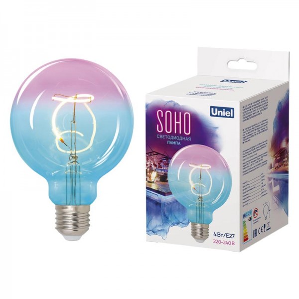  Лампа светодиодная LED-SF01-4W/SOHO/E27/CW BLUE/WINE GLS77TR SOHO спиральный филамент син./винная колба картон Uniel UL-00005892 