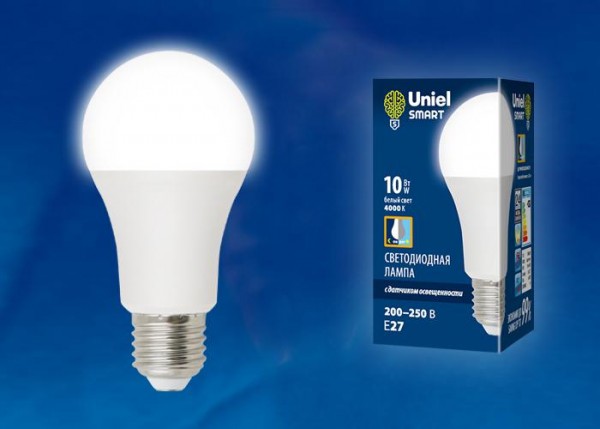  Лампа светодиодная LED-A60-10W/4000К/E27/PS PLS10WH с датчиком освещенности колюа мат. картон Uniel UL-00005710 