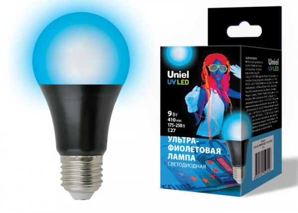  Лампа светодиодная ультрафиолетовая LED-A60-9W/UVAD/E27/FR PLZ07BK для дискотек спектр UVA 410нм картон Uniel UL-00005855 