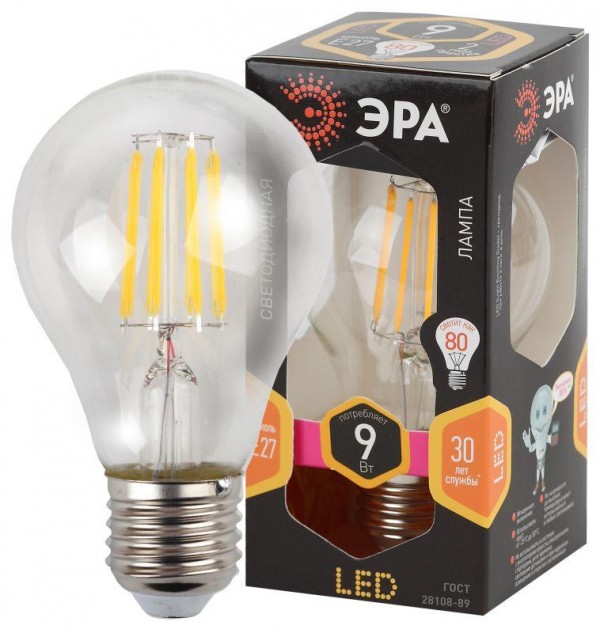  Лампа светодиодная F-LED A60-9W-827-E27 (филамент груша 9Вт тепл Е27) (10/100/1500) ЭРА Б0043433 