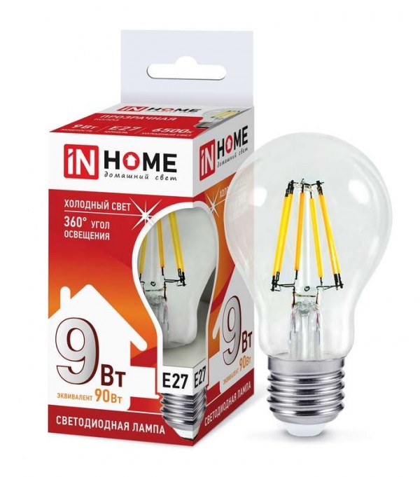  Лампа светодиодная LED-A60-deco 9Вт 230В Е27 6500К 810лм прозр. IN HOME 4690612026107 