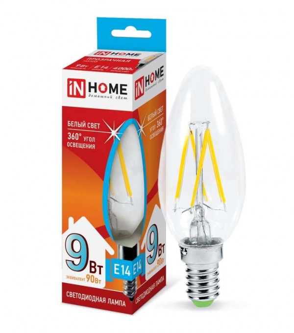 Лампа светодиодная LED-СВЕЧА-deco 9Вт 230В E14 4000К 810лм прозр. IN HOME 4690612026206 